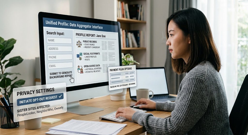 Woman at desktop reviewing a data aggregator profile report with search inputs, subscription details, and opt-out options.