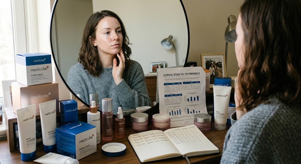 Woman examining her face in a mirror surrounded by Medicube skincare products, a notebook, and a clinical study document.