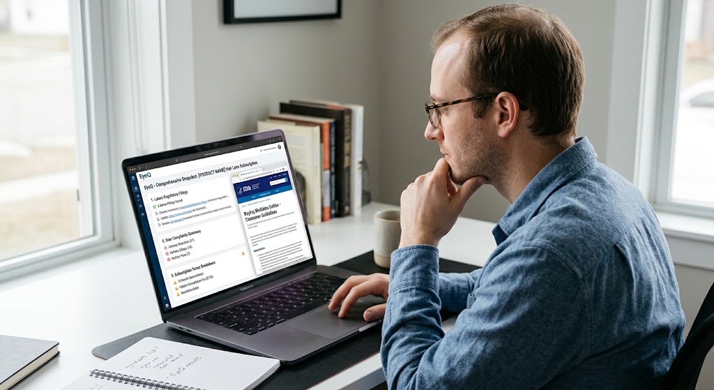 A man in glasses studies a laptop displaying an EyeQ analysis on "PRODUCT NAME" hair loss and FDA guidelines.