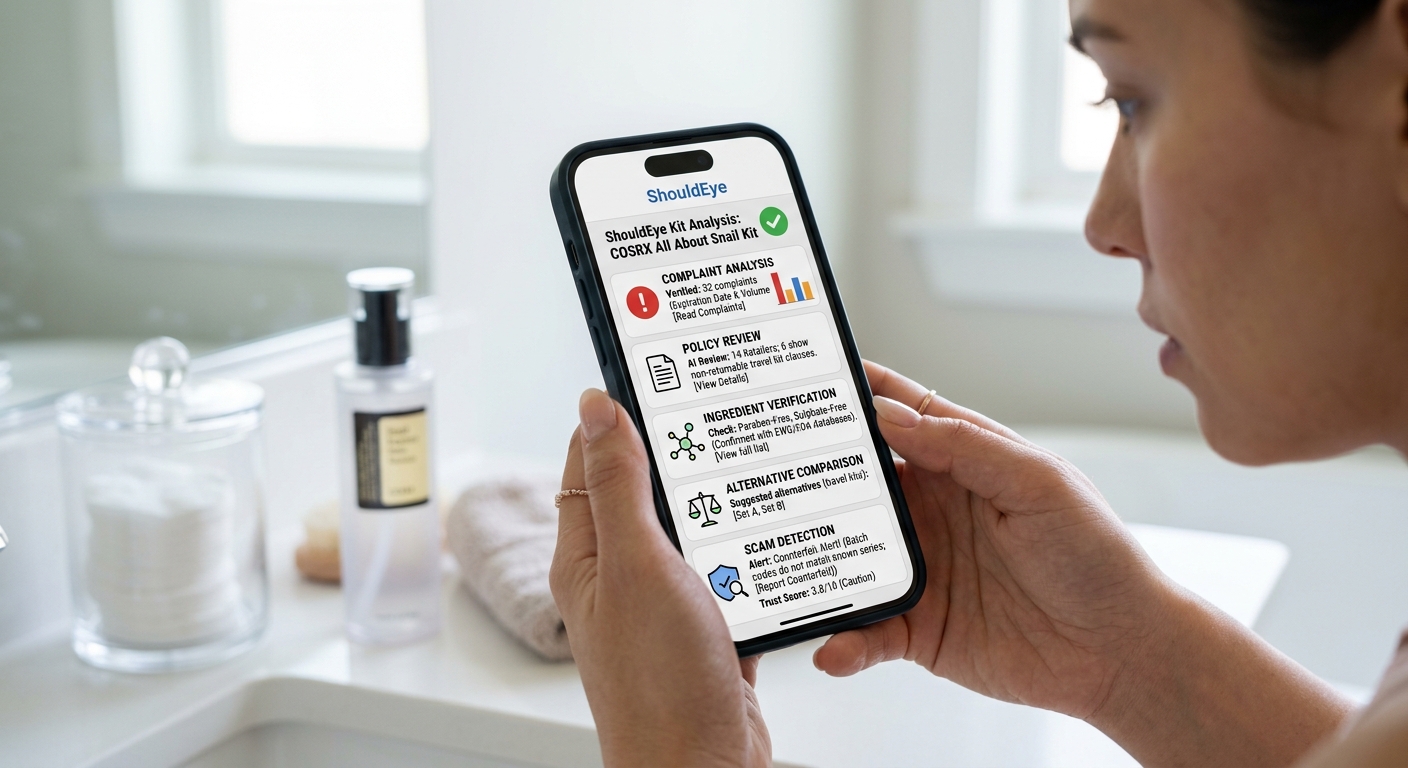 Woman holding smartphone displaying ShouldEye app analyzing COSRX All About Snail Kit product details in bathroom.