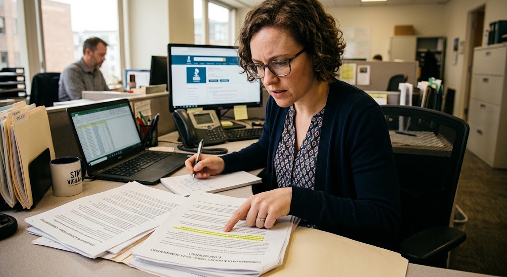 Woman with glasses sitting at desk, reviewing paper documents with a yellow highlighter while using a laptop.