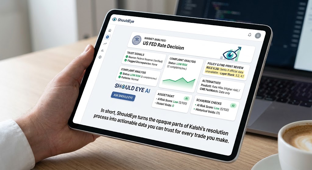 Tablet screen displaying the ShouldEye analytics dashboard with trust signals, risk checks, and prediction market insights.