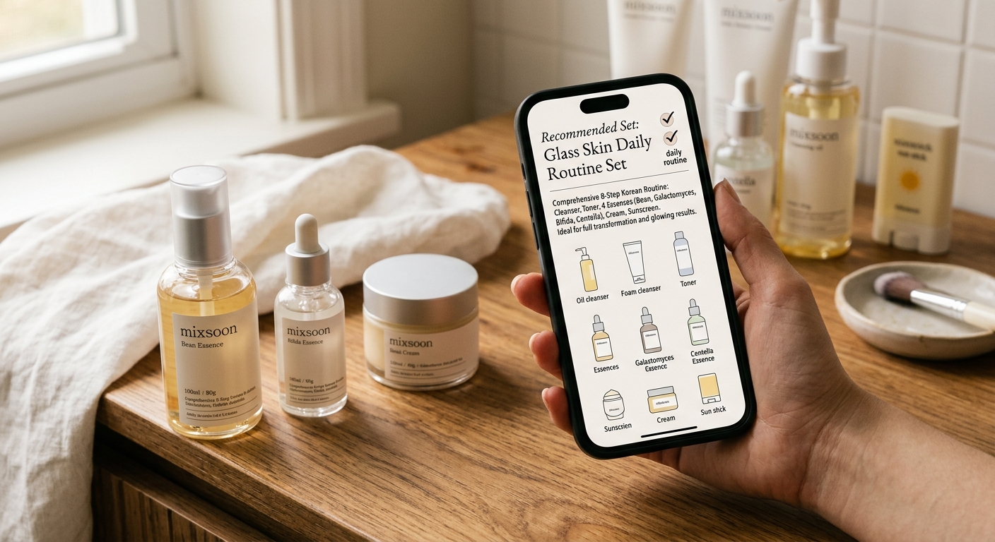 Hand holding phone displaying a Glass Skin Daily Routine Set guide next to Mixsoon skincare bottles on a wooden counter.