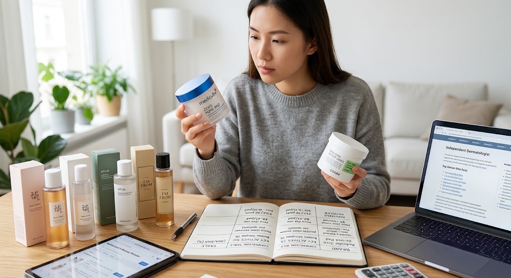 Woman comparing Korean skincare products at a desk with a notebook, tablet, and laptop reviewing dermatologist advice.