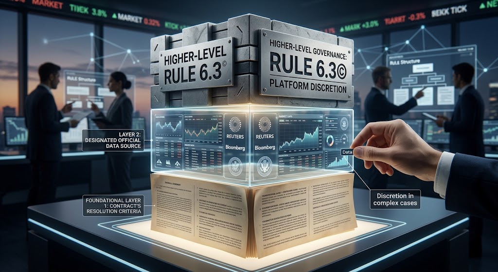 3D diagram of Kalshi's layered rule stack showing resolution criteria, data sources, and governance rules in an office.