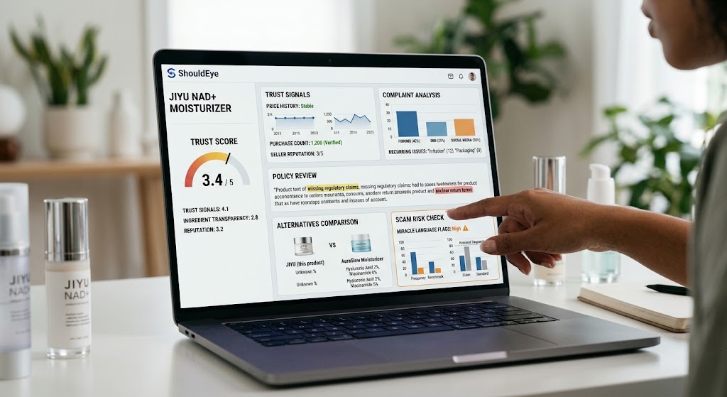 A person reviews the "ShouldEye" dashboard for "Jiyu NAD+ Moisturizer" on a laptop, showing a 3.4 trust score and analytics.