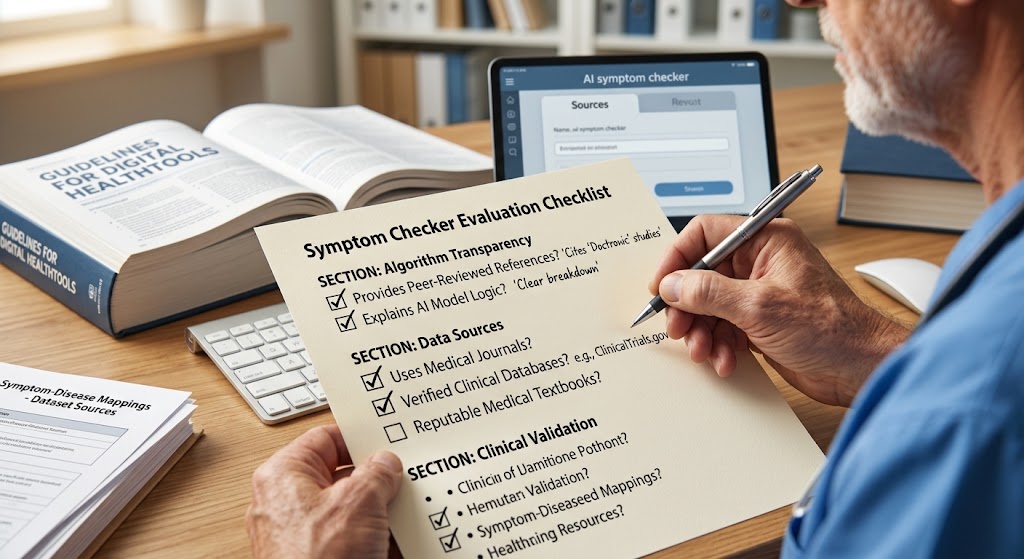 Doctor holding a printed checklist evaluating AI symptom checker accuracy, algorithm transparency, and data sources.