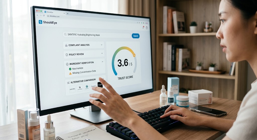 A woman reviews the ShouldEye trust score for SKINTIFIC Hydrating Brightening Mask on a desktop computer.
