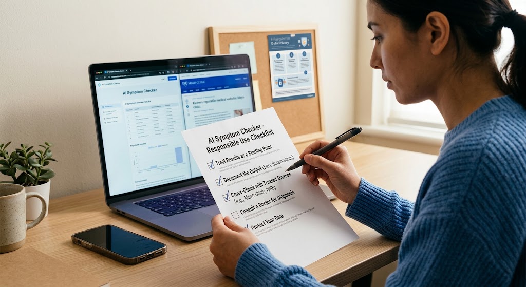 Woman at desk reviewing a checklist for responsible AI symptom checker use next to a laptop displaying medical sources.