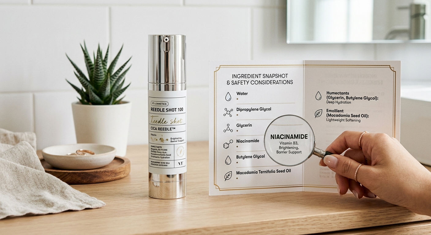 Hand holding magnifying glass over Niacinamide on VT Cosmetics Reedle Shot 100 ingredient list card on wooden counter.