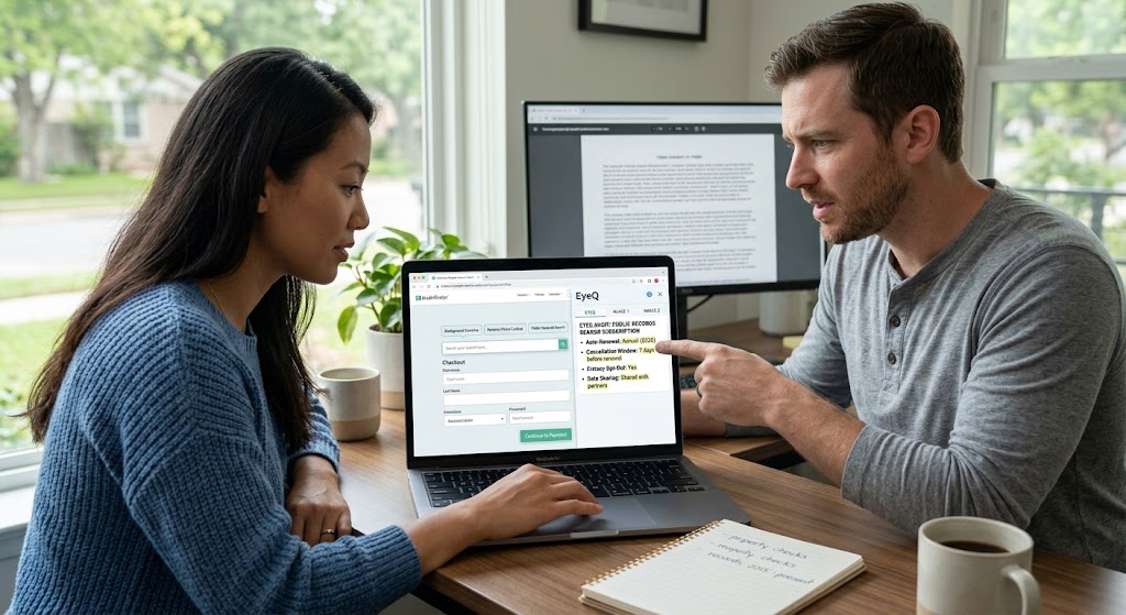 Two people review a laptop displaying a checkout page alongside an EyeQ analysis panel highlighting subscription terms.