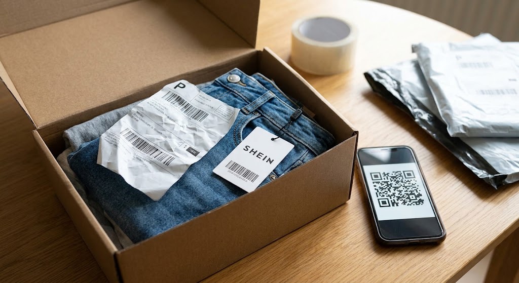 A SHEIN denim return shipment is prepared with the unworn garment, original hang tag, shipping label, and a phone displaying a return QR code for a free drop-off.