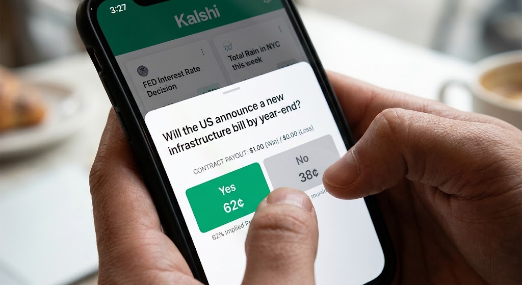 Smartphone screen displaying a Kalshi prediction market contract with a Yes option at 62 cents and a No option at 38 cents.