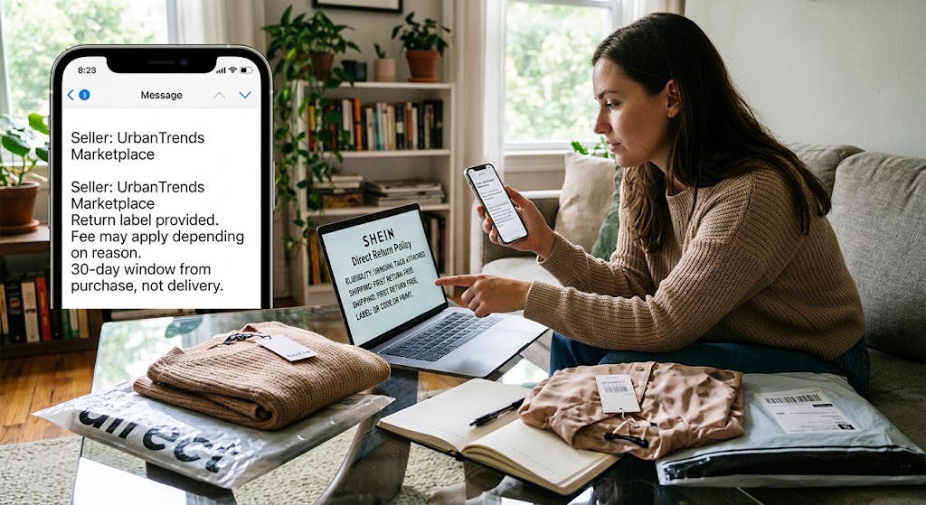 A customer compares standard SHEIN return terms on a laptop against a third-party seller's Marketplace rules on a phone.