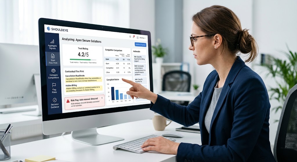A woman analyzes business data on a large monitor, which displays a risk assessment platform with charts and a 4.2/5 rating.