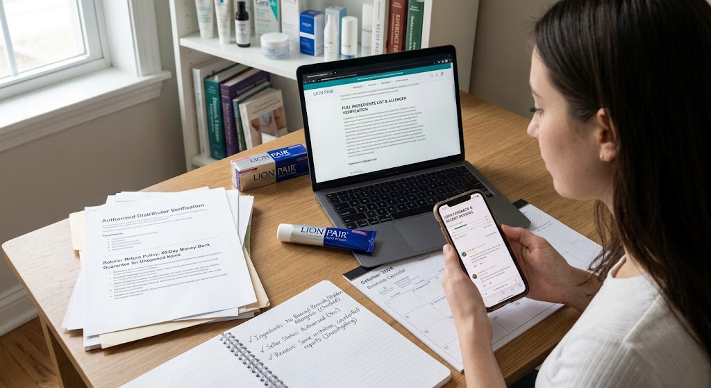 Woman at desk researching Lion Pair acne cream online, checking ingredients, seller policy, and reviews on phone.