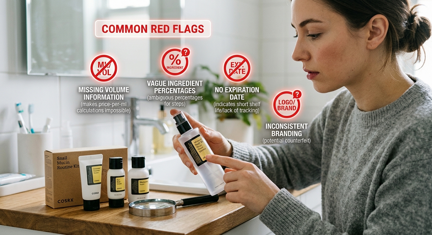Woman inspecting skincare bottle for red flags like missing volume and expiration date with infographic overlay.