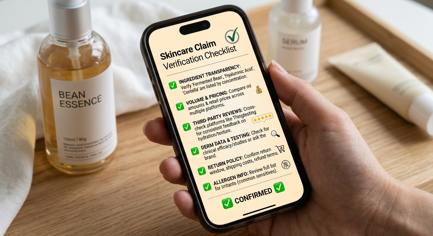 Hand holding a smartphone displaying a skincare claim checklist next to glass Bean Essence serum bottles on a wooden tray.