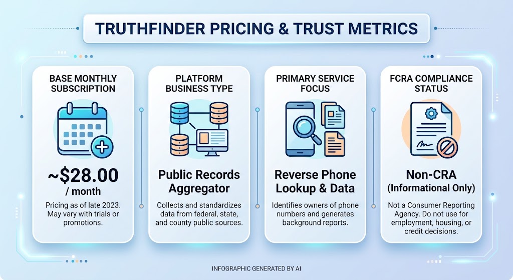 An infographic with four panels detailing TruthFinder: Pricing (~$28/mo), Type (Aggregator), Focus (Lookup), and Status (Non-CRA).