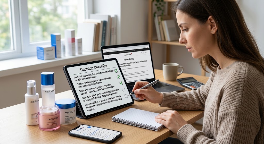 Woman marking a digital decision checklist on a tablet alongside skincare items, a phone app, and a laptop.