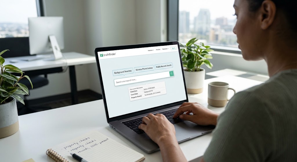A person uses the TruthFinder website, which displays tabs for Background, Reverse Phone, and Public Records searches.