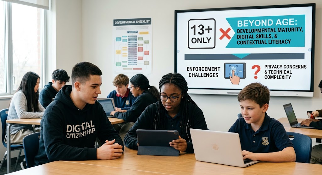 Students of varying ages work on digital devices near a display questioning age limits in online safety policies.