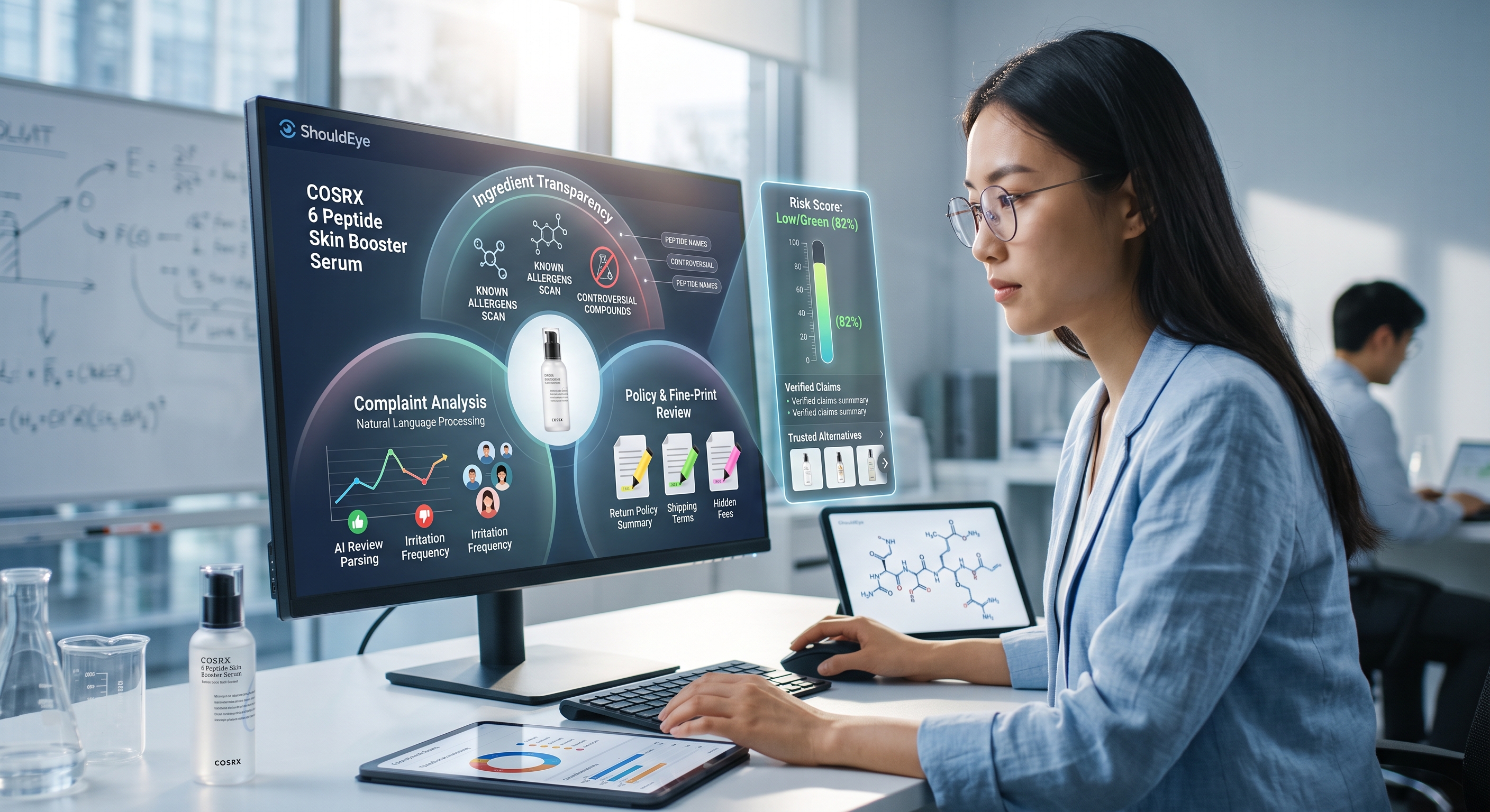 Analyst using a futuristic computer interface to check product risk scores, reviews, and ingredient transparency data.
