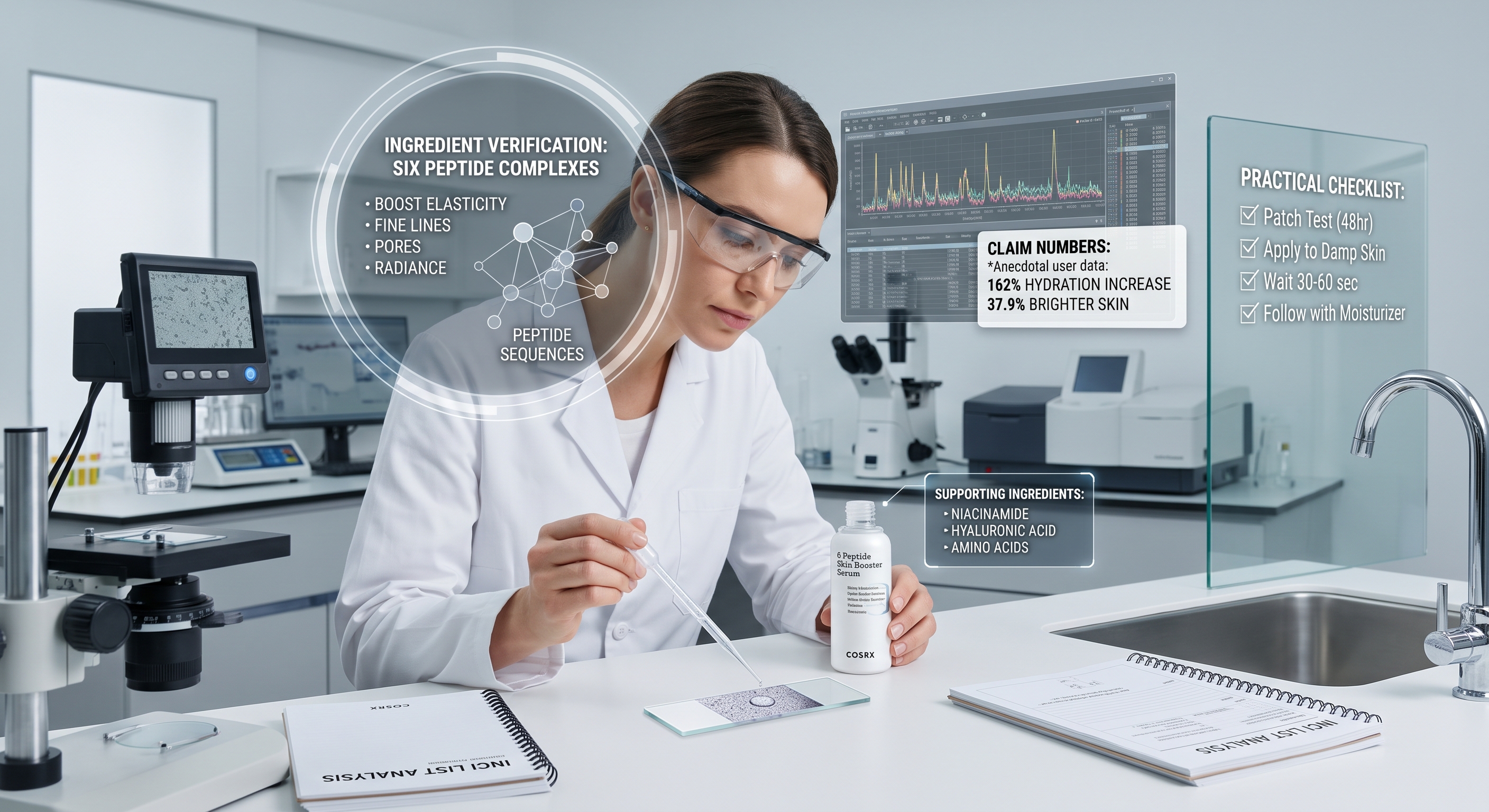 A scientist analyzing skin serum in a lab with futuristic holographic overlays detailing ingredient claims and tips.