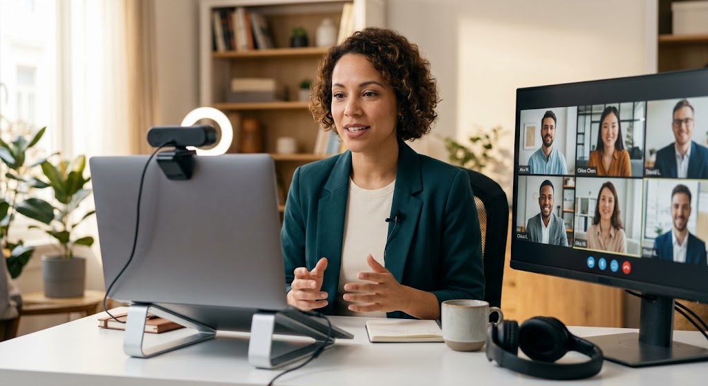 Professional woman sitting upright at a home office desk, making eye contact with a laptop camera during a video call.