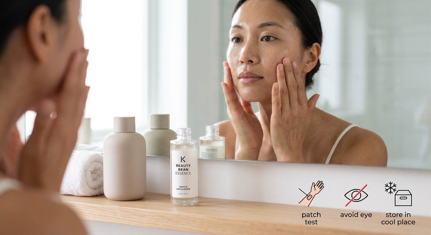 A woman gently pats facial essence onto her skin in a bathroom mirror with safety tips for patch testing shown below.