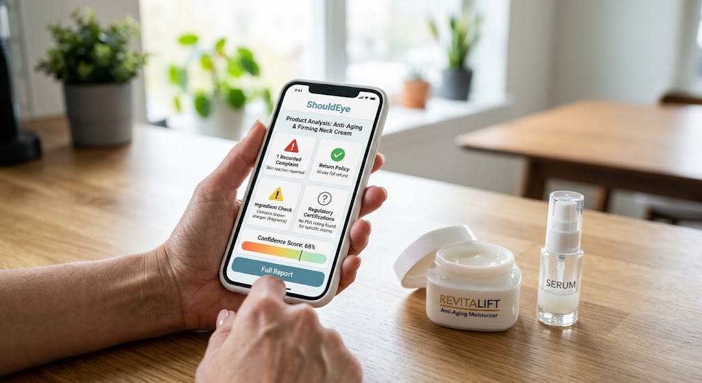 A smartphone displays a ShouldEye risk profile for a beauty product next to an anti-aging cream jar on a table.