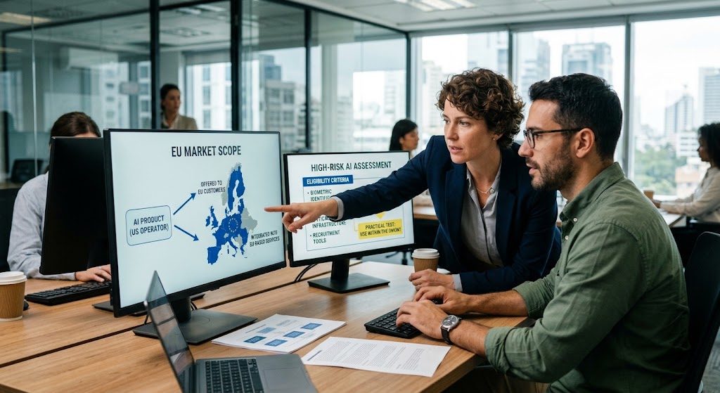 Two professionals review EU High-Risk AI Assessment criteria on dual monitors in a modern office compliance meeting.