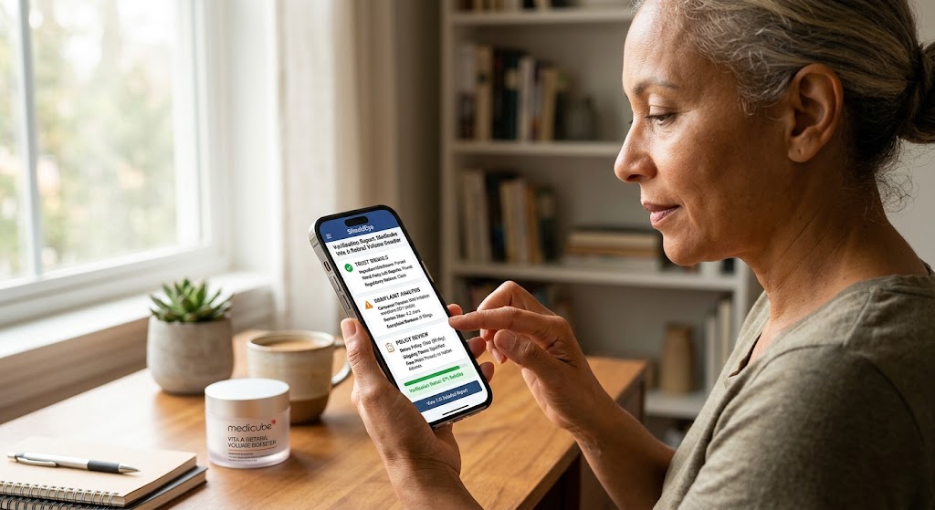 A woman reviews a ShouldEye safety report for a skincare product on her phone at a sunny desk next to a cosmetic jar.