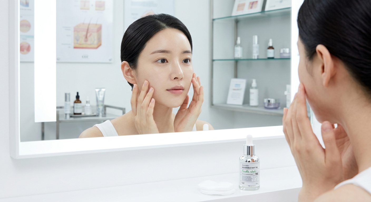 Asian woman examining her clear skin reflection in a brightly lit bathroom mirror with a glass serum bottle nearby.