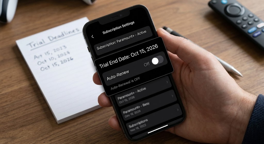 Person turns off auto-renewal on smartphone subscription settings, next to a notepad listing free-trial deadlines.