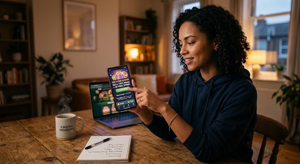 A woman at a table smiles while holding a smartphone that displays an online casino welcome bonus with free spins.