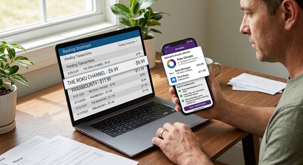 A person views a laptop billing statement alongside a smartphone showing ShouldEye's automated charge analysis tool.