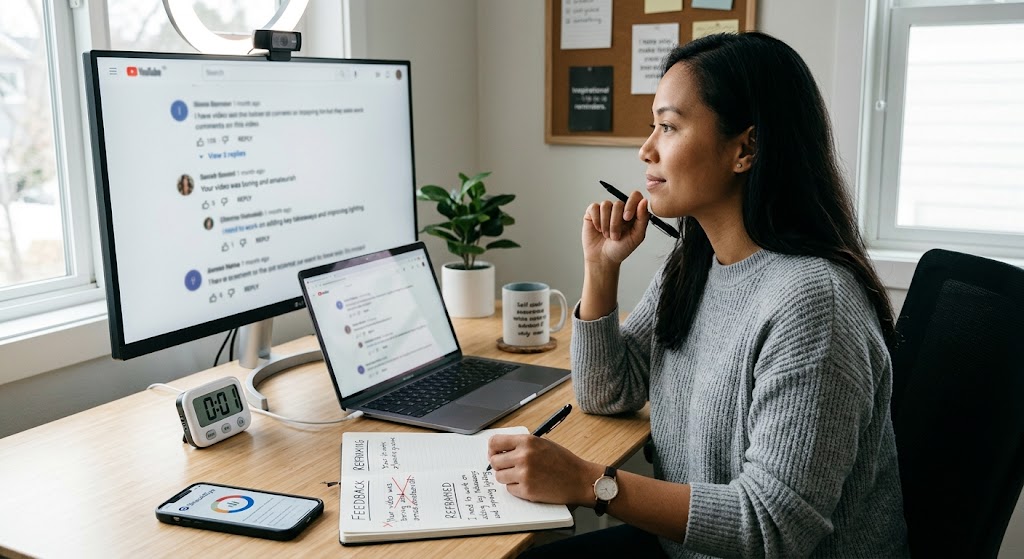 Calm woman at desk looking at monitor feedback, taking notes to reframe constructive criticism thoughtfully.