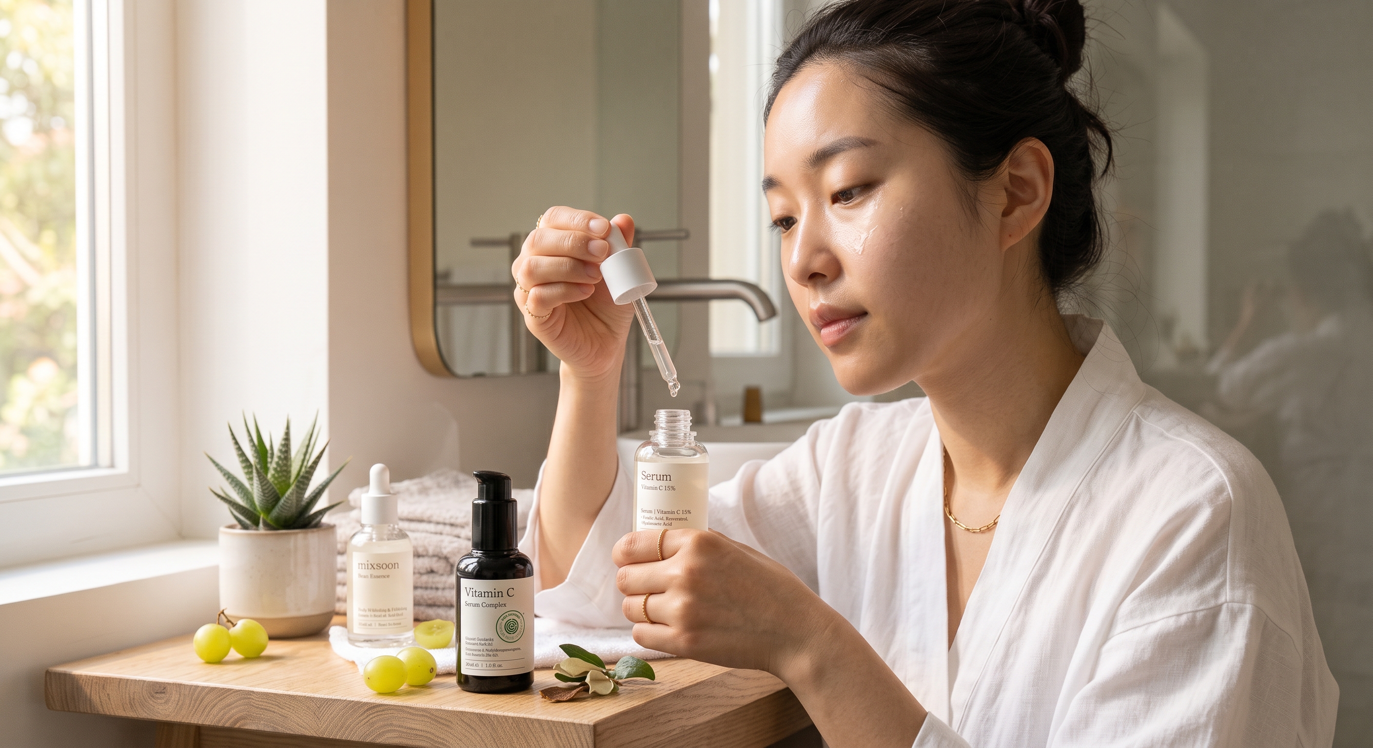 Woman holding a 15% Vitamin C serum pipette with a black bottle, botanical extracts, and aloe plant on a wooden table.