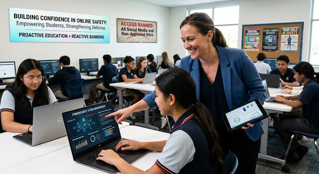Teacher guides student on laptop discussing cybersecurity while class works, contrasting bans with proactive learning.