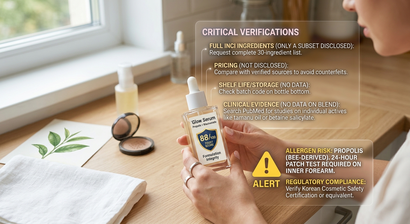 A person holds a Glow Serum bottle showing an 88/100 trust score alongside overlay lists of critical verifications.
