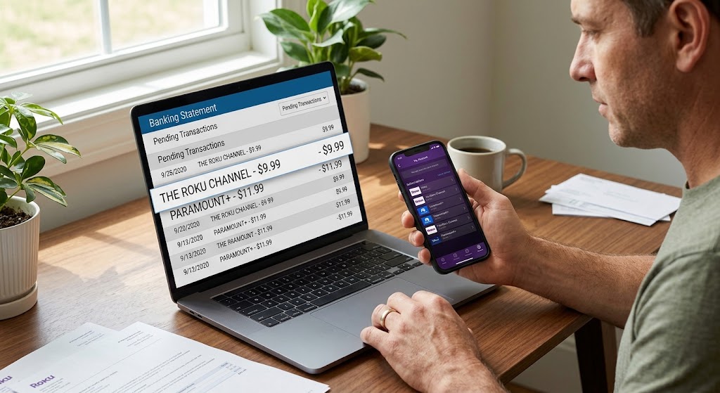 A man at a desk compares an unrecognized charge on his laptop banking statement with subscriptions on his phone.