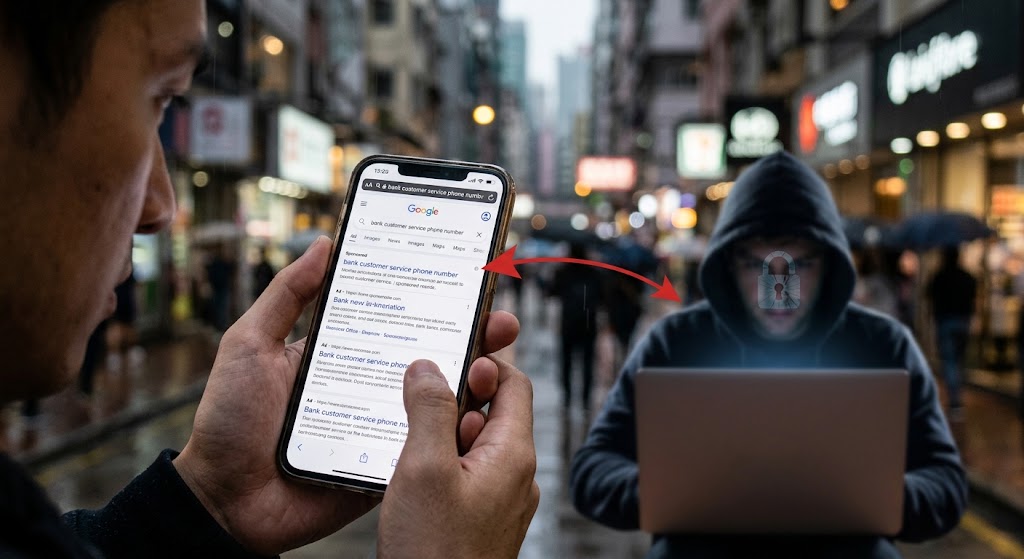 Over-the-shoulder view of a person using a smartphone showing a "Sponsored" bank search result leading to a hacker.
