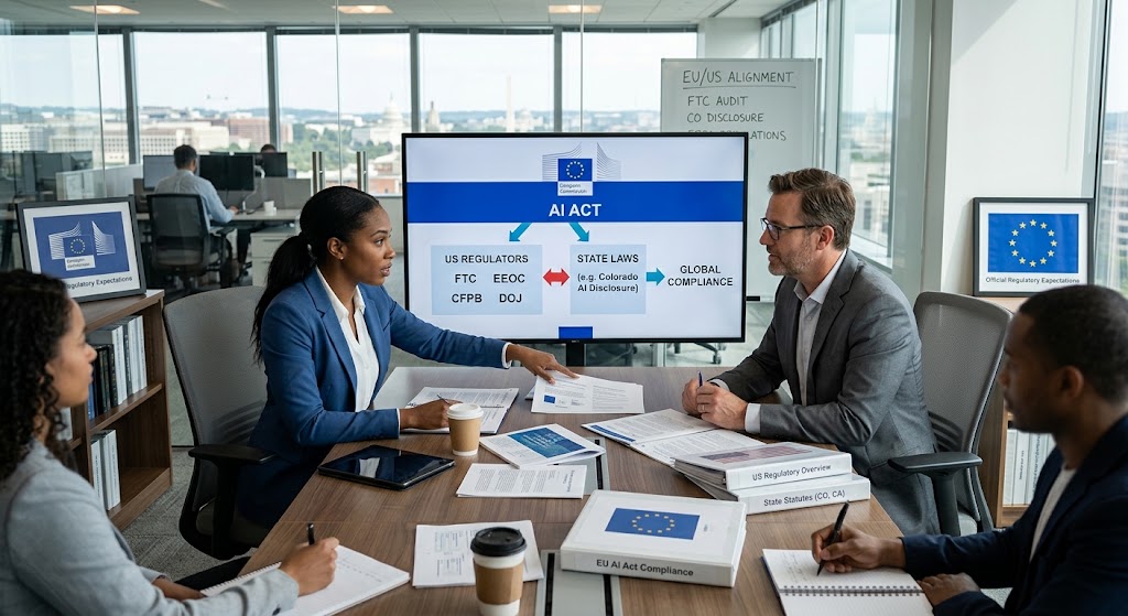A team of four professionals discusses AI regulation in a modern office with EU and US city views.