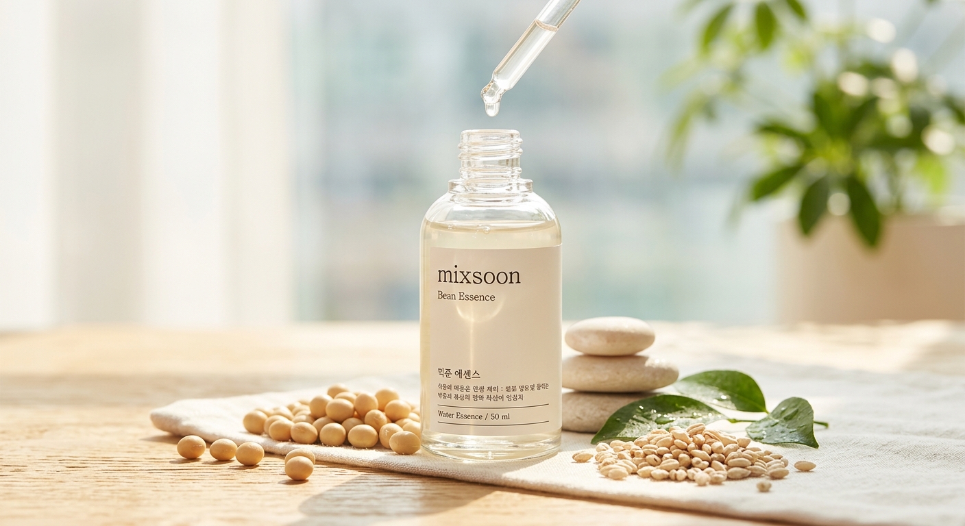 A 50ml Mixsoon Bean Essence bottle sits on a table beside soybeans, barley grains, green leaves, and a dropper.