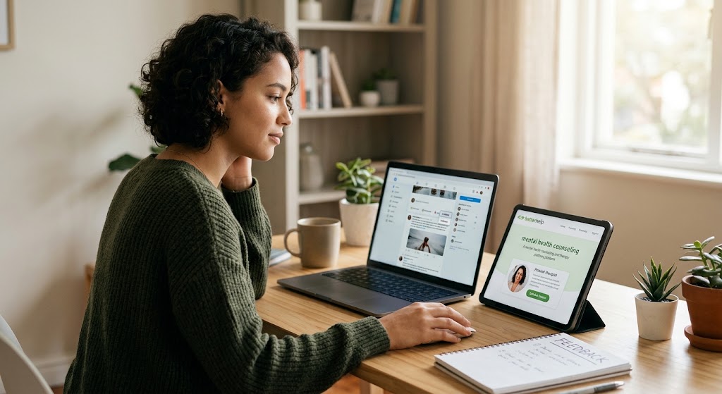 Woman at desk curating her social media feed on a laptop while considering professional therapy options on a tablet.