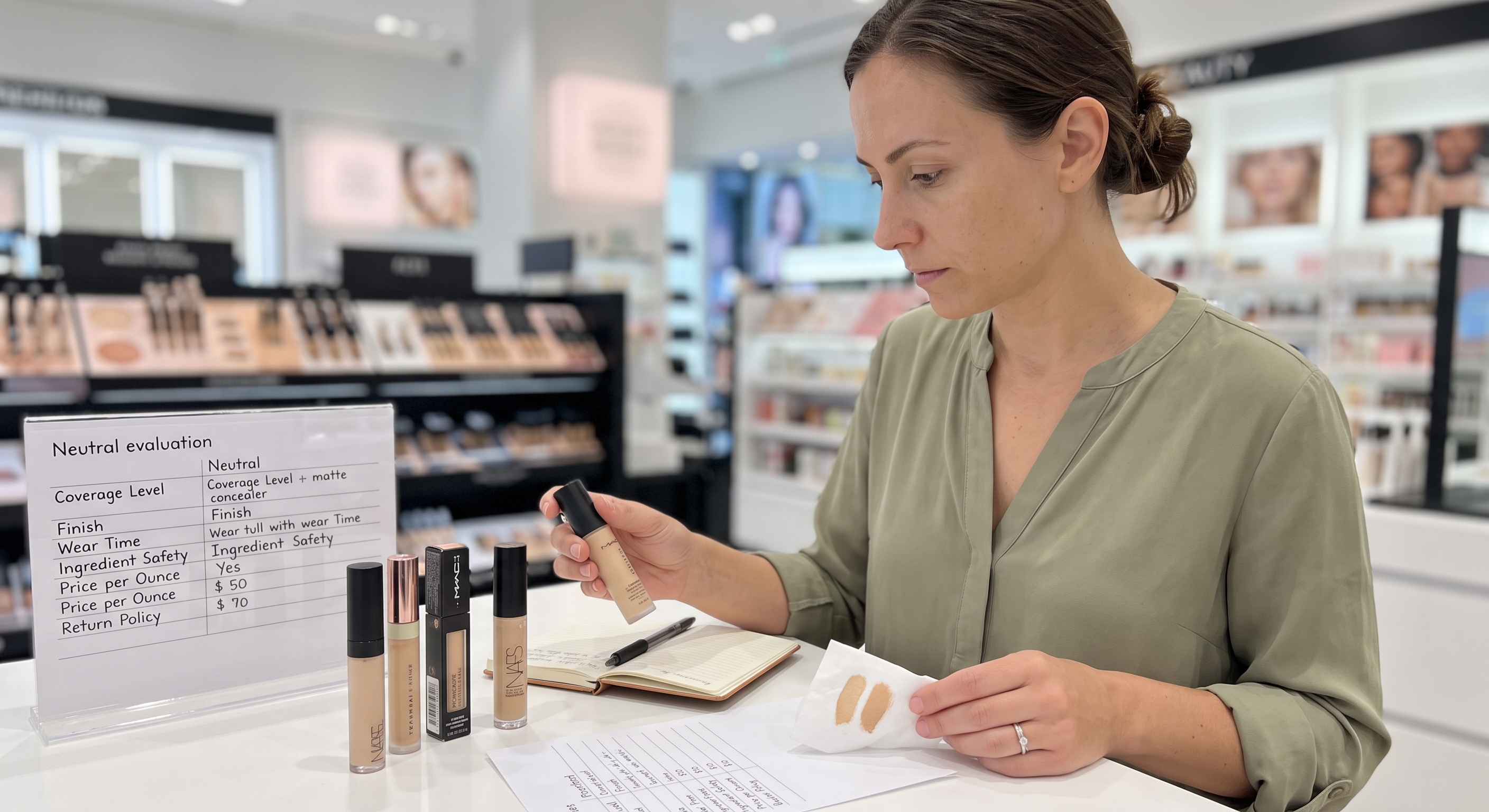 A woman comparing cosmetics products in a store while holding swatches and reviewing a evaluation checklist.