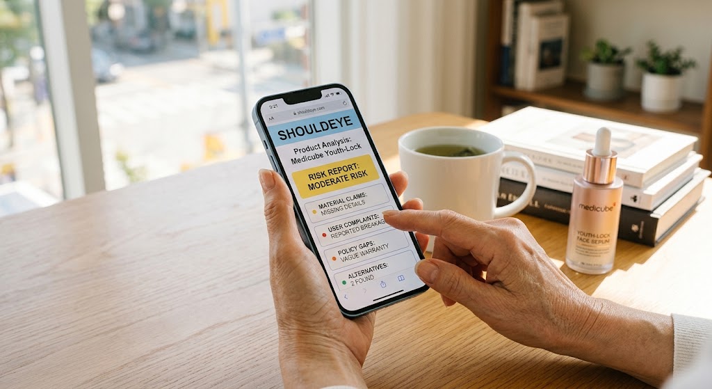A hand holds a phone displaying a 'ShouldEye' risk report for 'Medicube Youth-Lock' next to a tea mug and serum bottle.