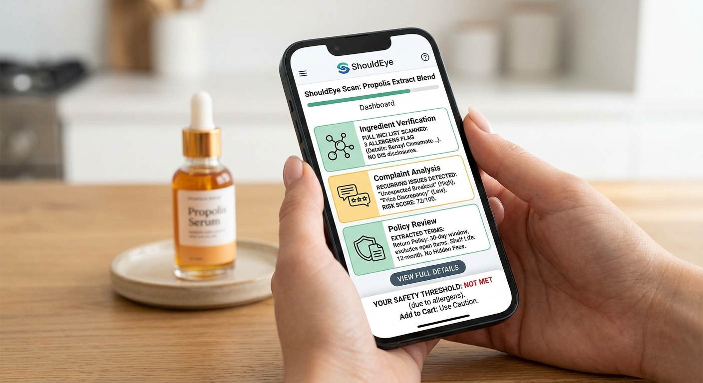 Hands holding a smartphone displaying the ShouldEye dashboard with ingredient, complaint, and policy verification results.