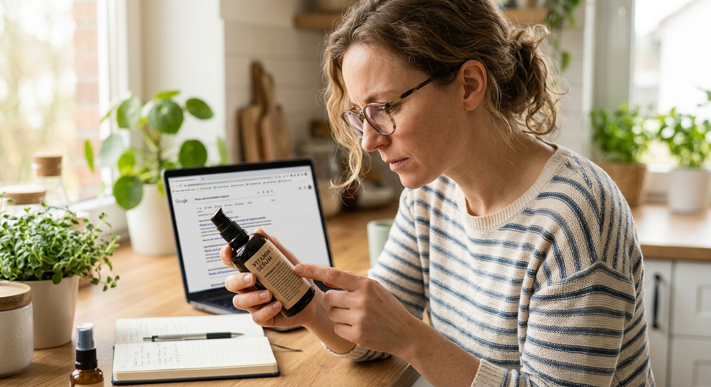 Woman wearing glasses carefully examining the ingredient label on a bottle of Vitamin C serum at her desk.